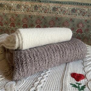 Cashmere Blend Ribbed Knit Women’s cream Scarf + Taupe bonus scarf